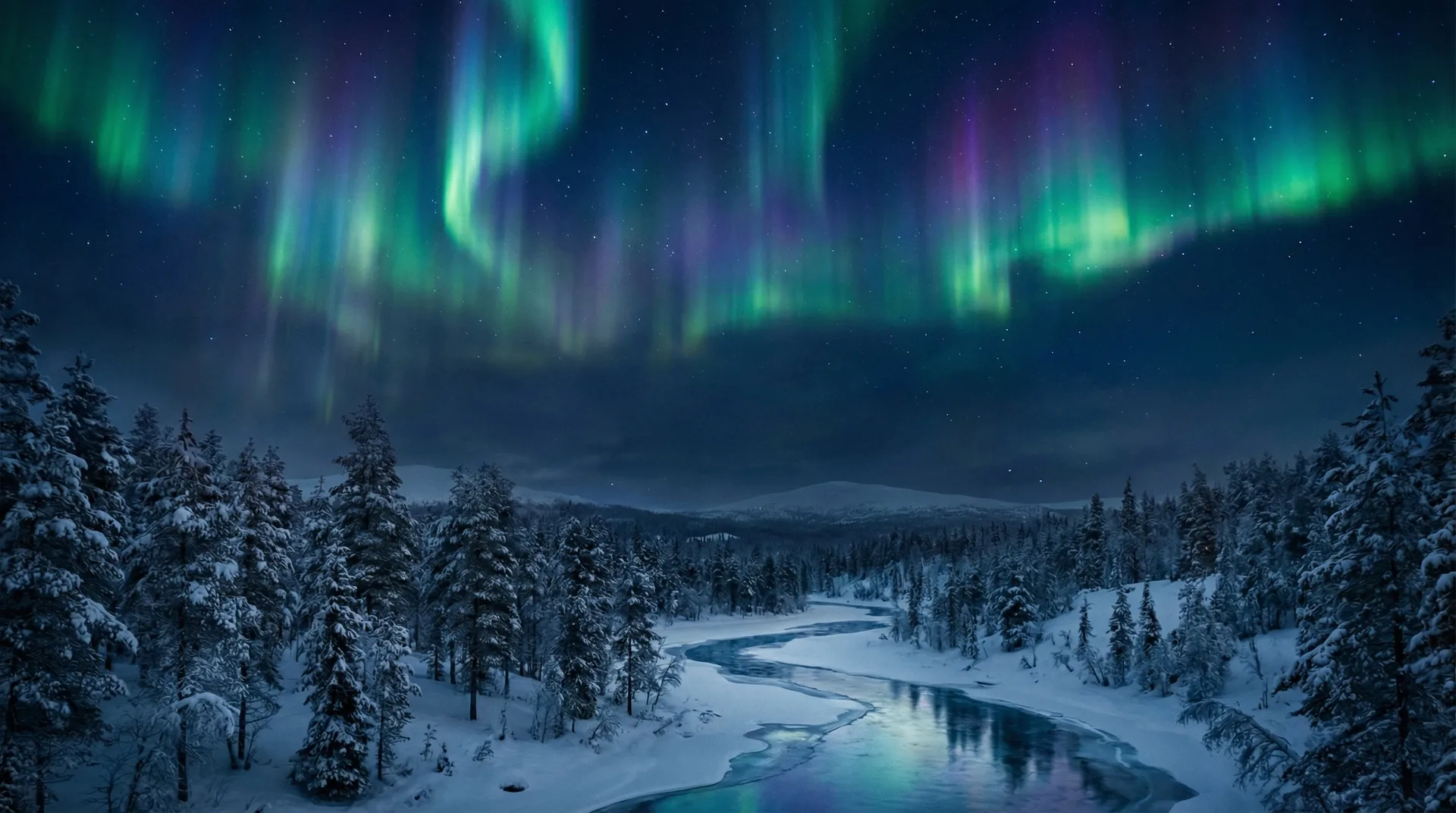 A frozen river and snow-covered forest beneath the northern lights