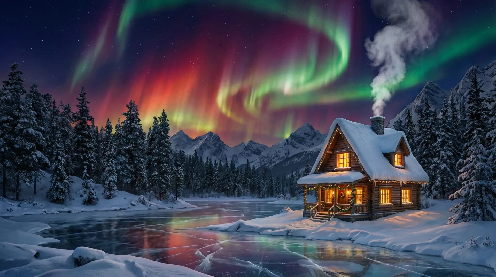 A warm cabin beside a frozen river beneath green and violet northern lights