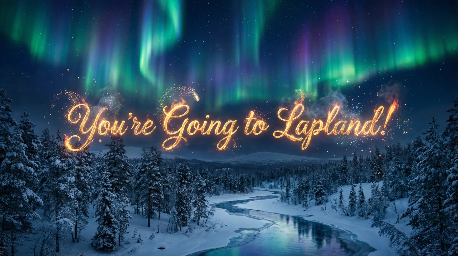 You're Going to Lapland written in warm light beneath a vivid aurora